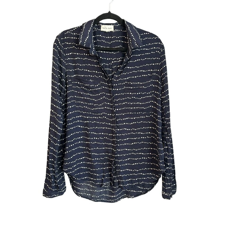Bella Dahl Navy Blue White Polka Dot Button Down Blouse Medium Two Pocket Soft